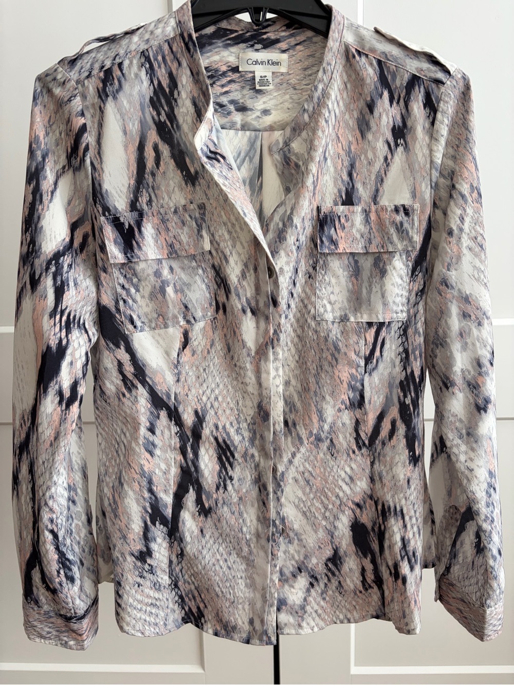 Calvin Klein Snake-Print Camp Pocket Blouse in Pink, Black & White